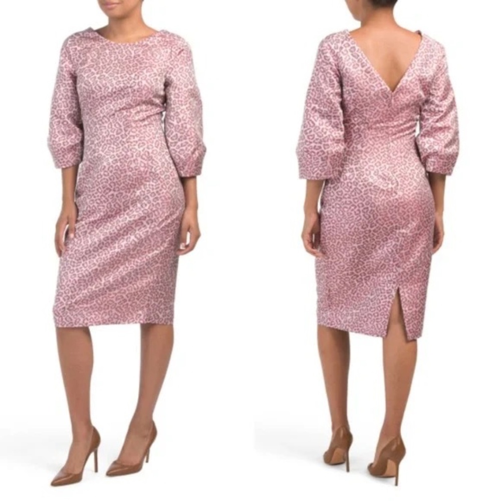 Alton Gray Pink Metallic Shimmer Animal Print 3/4 Sleeve Midi Sheath Dress Sz 8